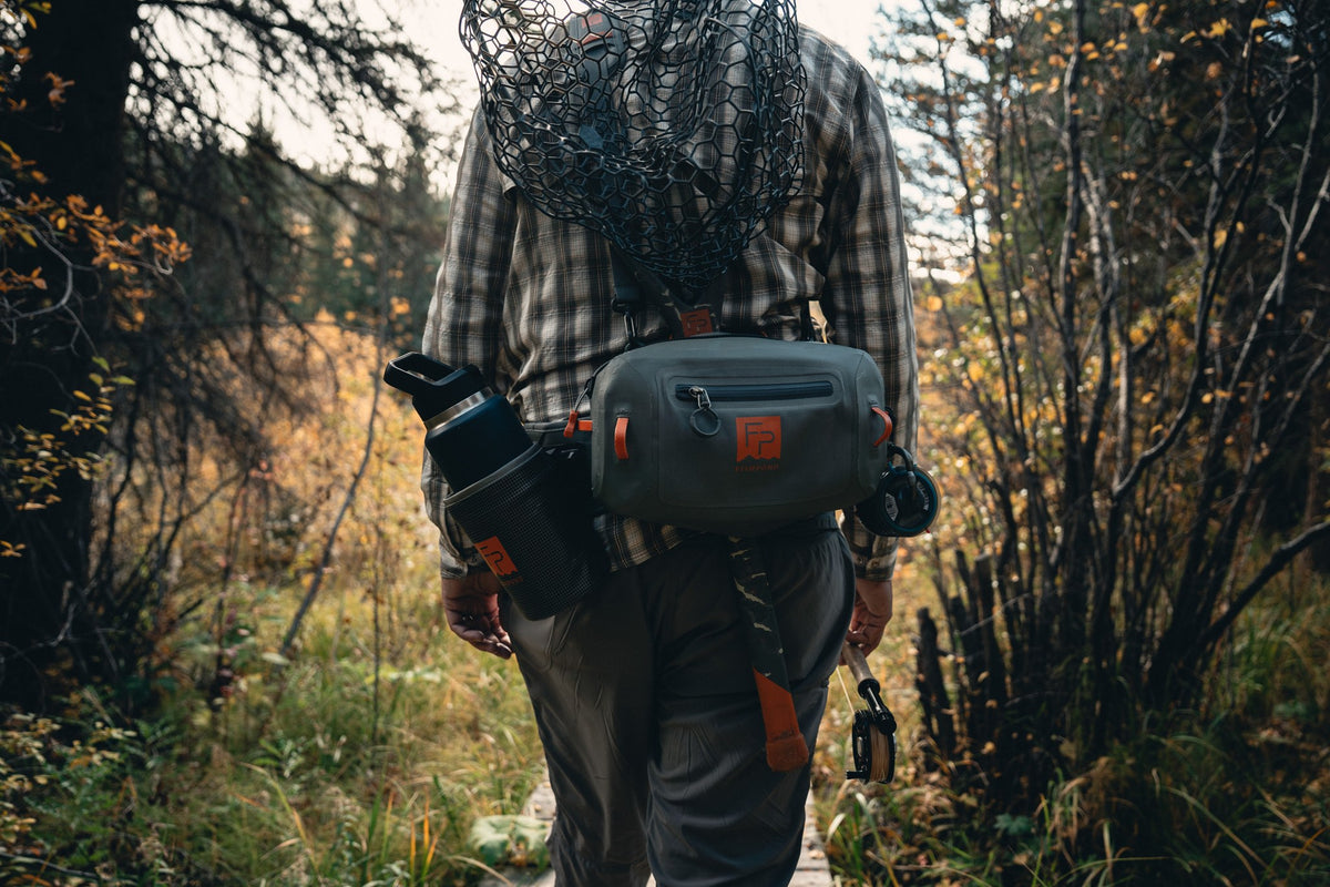 Fishpond Thunderhead Water Bottle Holder - Smoke Grey, worn on a hip pack