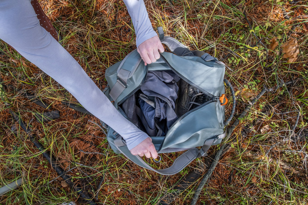 Fishpond Thunderhead HD Duffel - Overcast Grey, open from above