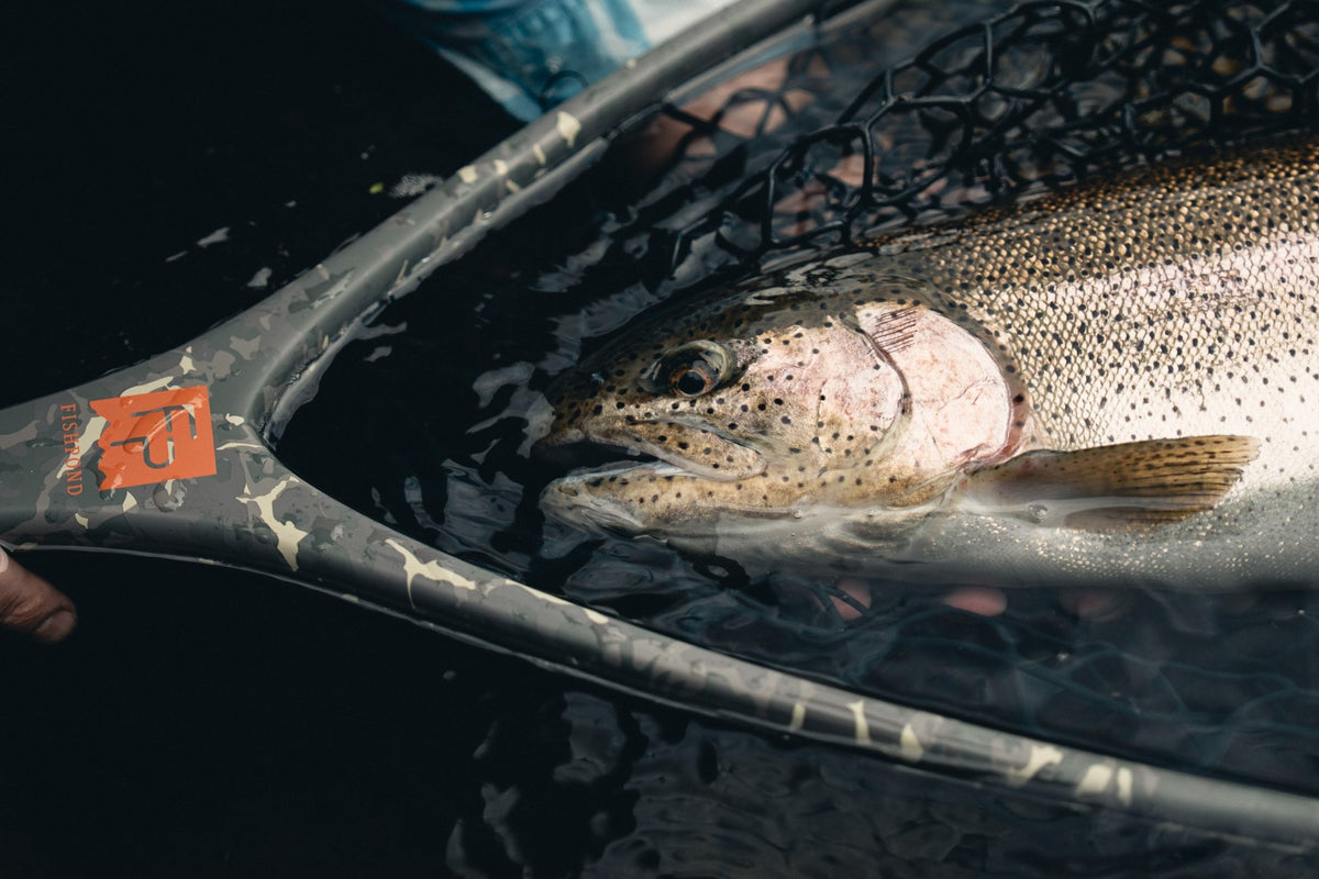 Fishpond Nomad Boat Net - Shadowcast Camo - 2.0, close-up of trout in the net