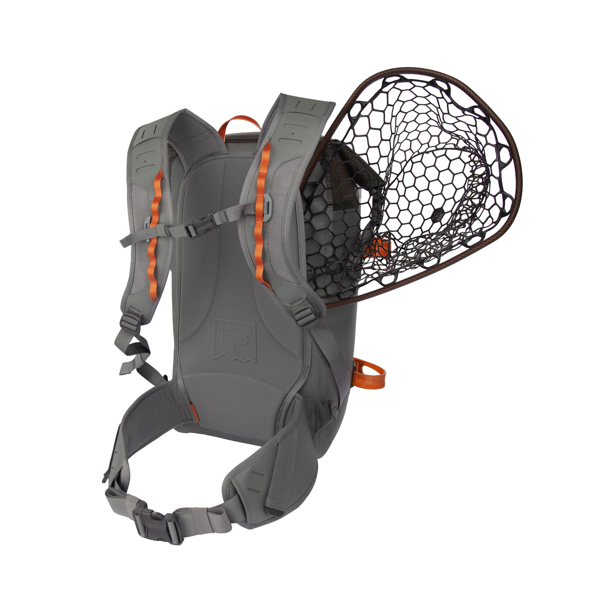 Fishpond Wind River HD Roll-Top Backpack, back view with net attached