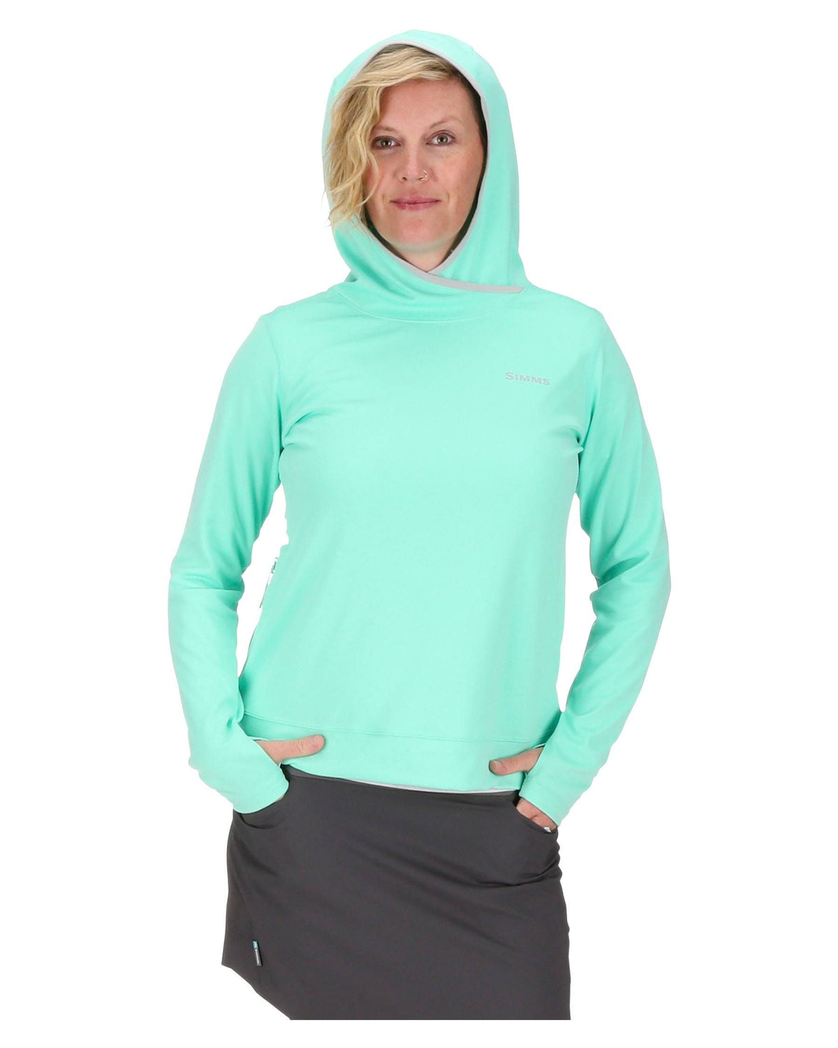 Simms WS Solarflex Ultracool Hoody Aruba on body with hood